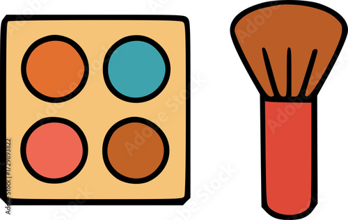 Cartoon illustration of a makeup palette with four colorful shades and a cosmetic brush, representing beauty and personal care items.
