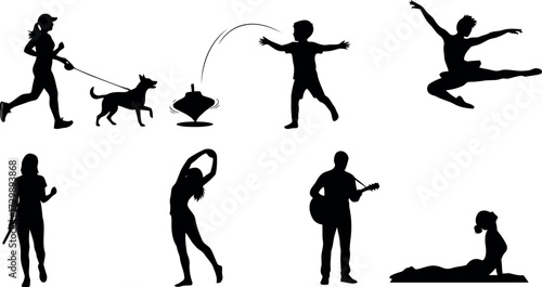 Vector art of silhouettes of people engaged in various activities like running, dancing, and playing