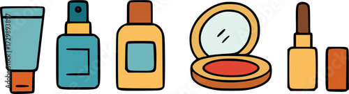A collection of cosmetic products including a tube, spray bottle, lotion bottle, compact mirror with blush, and lipstick.