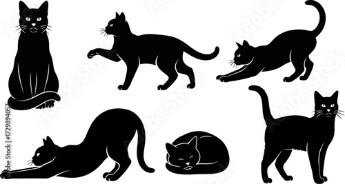 Vector art of collection of black cat silhouettes in various poses