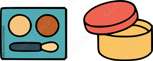 Illustration of makeup palette and container with lid, beauty products.