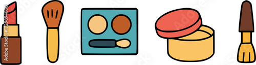 A collection of colorful makeup items including lipstick, brushes, eyeshadow, and powder.