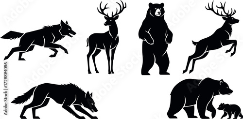Vector art of silhouettes of wild animals including wolf, deer, and bear
