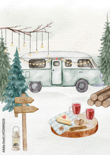 A digital watercolor scene featuring a camper van and a cozy outdoor picnic setting with hot drinks and treats in the snow, decorated with lights.