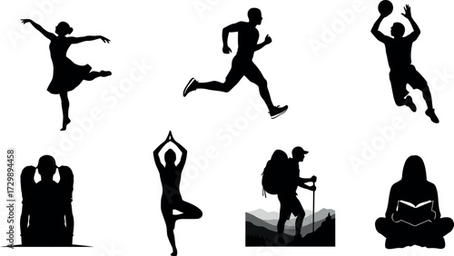 Vector art of diverse silhouettes of people engaged in various activities like dancing, running, and yoga