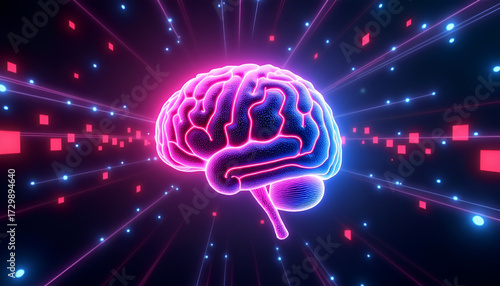 Futuristic Glowing Brain Illustration on Digital Tech Background