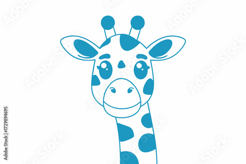 Blue stylized giraffe gazes forward showing its polka dot pattern, set against a white background
