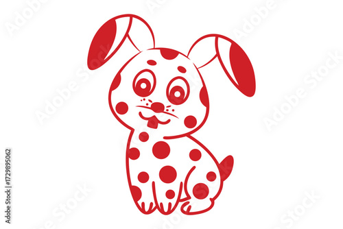 Cartoon bunny shows its tongue, covered in red spots, on a white background