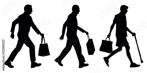Vector Silhouette Set of Walkers Shopping Casual and Fast Striding Figures