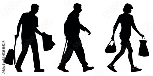 Vector Silhouette Set of Walkers Shopping Casual and Fast Striding Figures