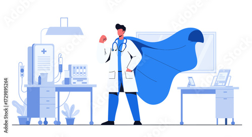 A caped doctor stands heroically in a stylized modern medical office scene