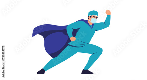 A cartoon doctor in scrubs  a mask leaps forward with a cape