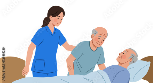 A caregiver tends to an elderly patient lying in bed accompanied by another older man possibly a relative