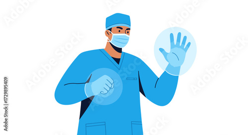 A medical worker in scrubs and face mask holds hands encased in spheres