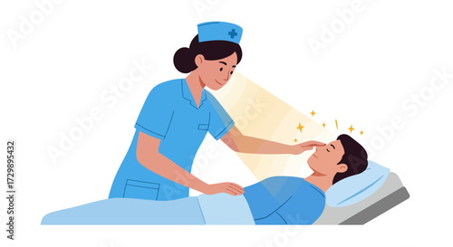 A nurse attends to a patient in bed with rays of light and stars above them