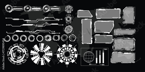 Futuristic sci-fi interface elements collection for digital design and technology projects isolated on black background