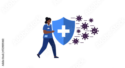 A nurse shields against virus symbols