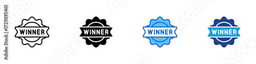 Winner Badge Multiple Style Icon Design Vector - Circular badge with ribbon and text "Winner" representing achievement and recognition