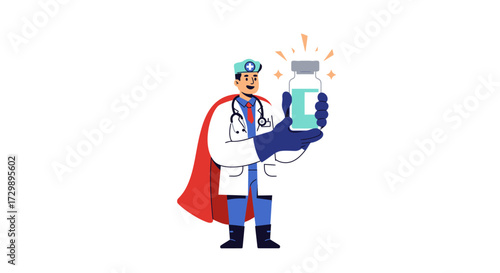 Cartoon doctor in cape holds vaccine vial with glowing effect