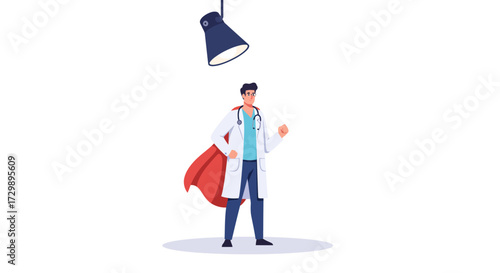 Cartoon doctor in white coat and red cape under a lamp fist raised