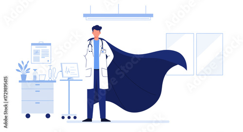 Cartoon doctor wearing a cape stands in a medical room with equipment