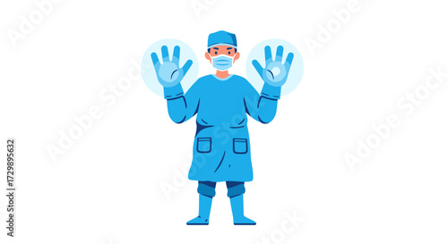 Cartoon figure in blue scrubs cap mask and gloves holds hands up surrounded by light blue auras