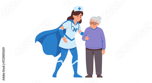 Cartoon of a nurse in costume aiding an elderly woman in glasses and a lavender sweater