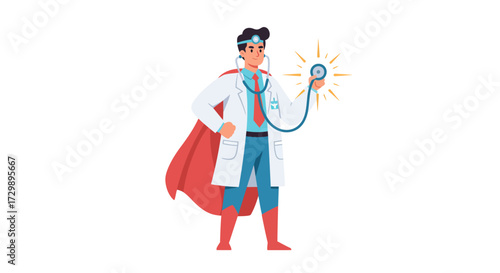 Cartoon super doctor in lab coat cape with stethoscope hero pose