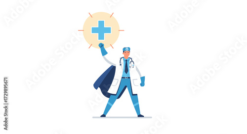 Cartoon superhero doctor in blue with a medical cross above him