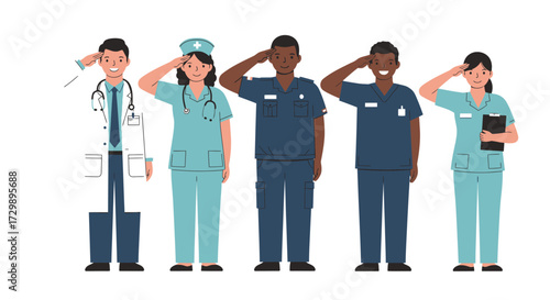 Diverse healthcare workers in uniform saluting representing different roles