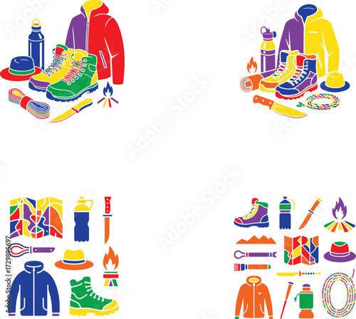 Outdoor adventure gear collection hiking boots jackets