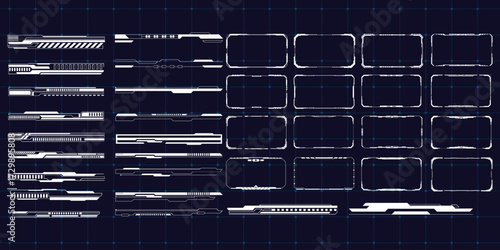 Abstract dark blue grid pattern with reflective highlights and textural details isolated on black background