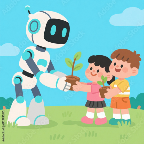 AI robot giving saplings to children