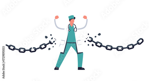 Illustration of doctor breaking chains arms raised wearing scrubs and stethoscope with broken chain links flying