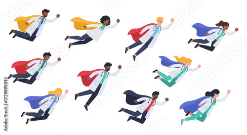 Illustration depicts diverse doctors as superheroes flying with capes