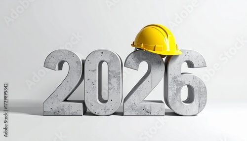 Concrete Block 2026 with Yellow Hard Hat Minimal Background