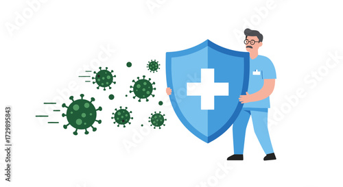 Man in scrubs holding a shield with a medical cross warding off virus germs with speed lines