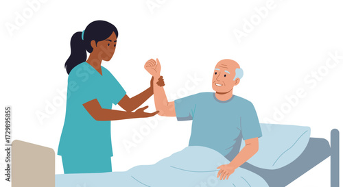 Nurse assisting elderly man in bed holding his arm
