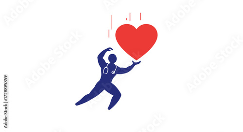 Muscular figure in blue with stethoscope catches a red heart