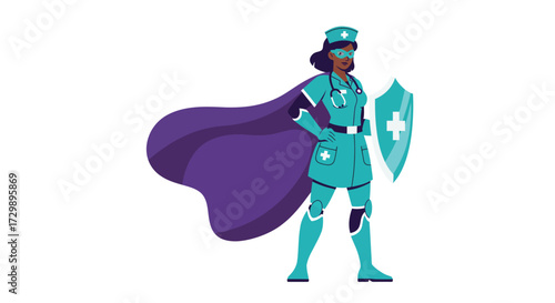 Nurse with a purple cape holds a shield with a white cross