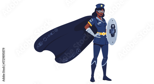 Nurse with shield cape goggles and hat in a heroic pose