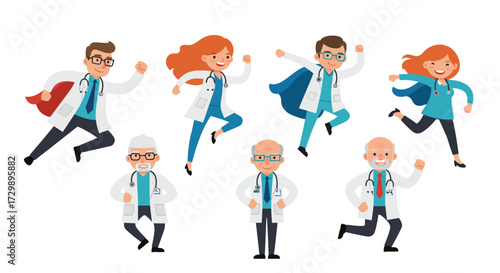 Six doctors some wearing capes are in dynamic poses suggesting action