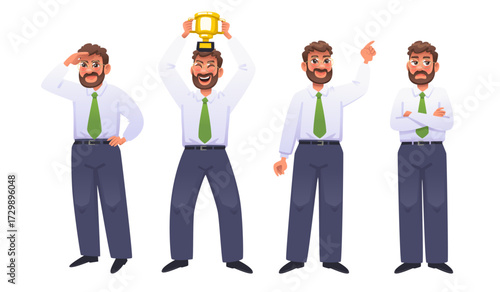 Set of businessman character with various gestures and emotions. Entrepreneur with a cup celebrates victory, searches, is dissatisfied. Vector illustration