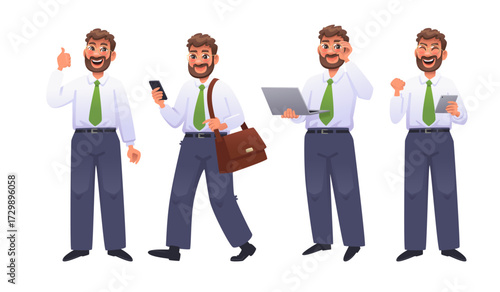 Set of businessman character with various gestures and emotions. Entrepreneur walks with a phone, works on a laptop, and is happy. Vector illustration
