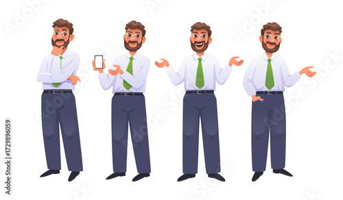 Set of businessman character with various gestures and emotions. Entrepreneur is thinking, pointing, and rejoicing. Vector illustration