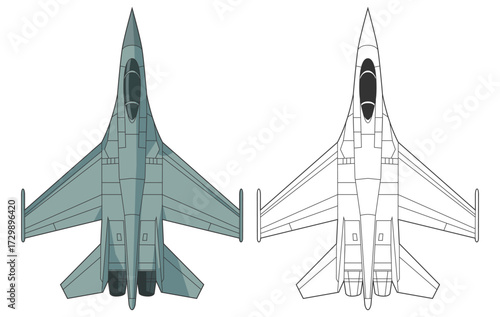 Set chengdu j-11 military aircraft design in line art and colored style from top view. Vector illustrations colorful j16 fighter jet. Outline drawing modern chinese combat aircraft.