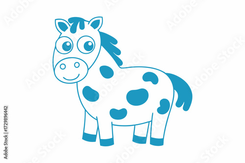 Cartoon pony with blue spots smiles on a white background, creating a cheerful atmosphere