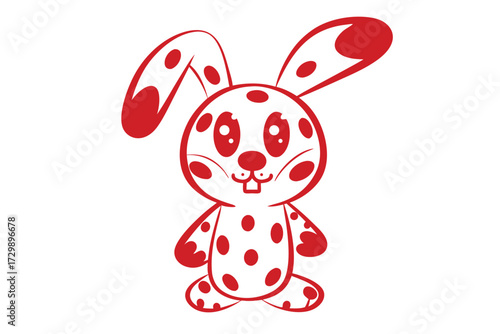 Cartoon rabbit character stands happily, adorned with red polka dots on a white background