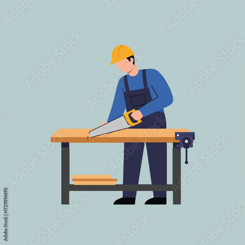An illustration shows a carpenter wearing a yellow hard hat sawing a piece of wood on a work bench with a vise and a shelf holding some wood scraps.