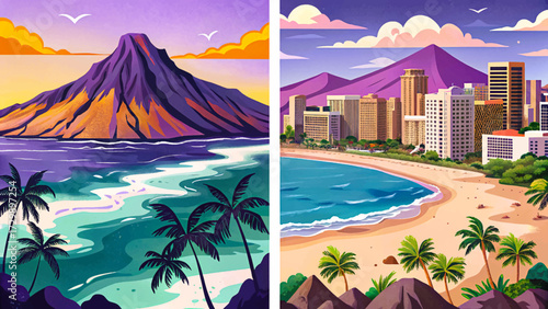 Honolulu Hawaii, tropical beaches, volcanic mountains, Pacific paradise, Simple cartoon design Flat style vector illustration